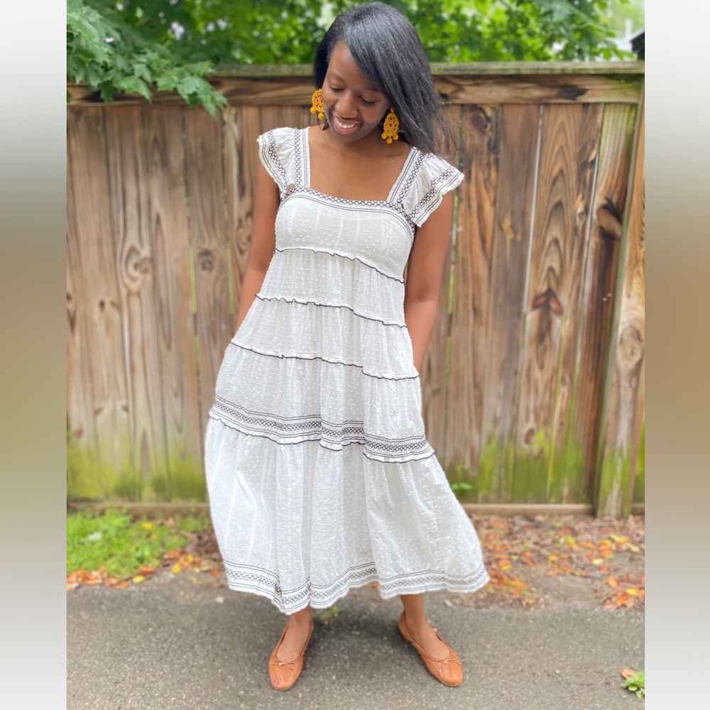 Olivaceous White Tiered Eyelet Midi Dress